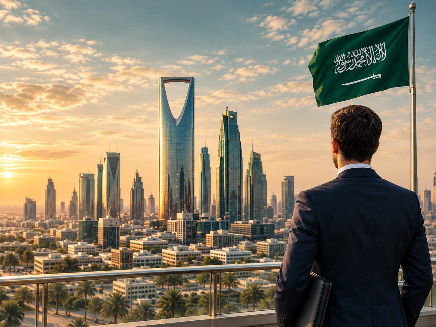 مستثمر يطل على مدينة الرياض والعلم السعودي